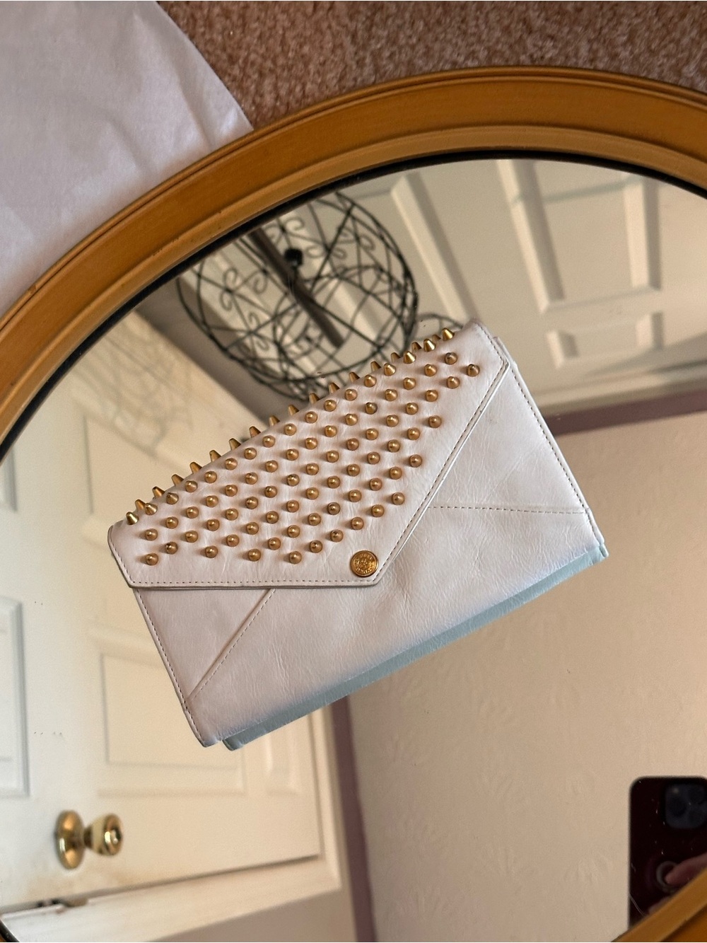 Rebecca Minkoff Studded Off White Leather Envelope Clutch with gold pyramid stud - Picture 8 of 10